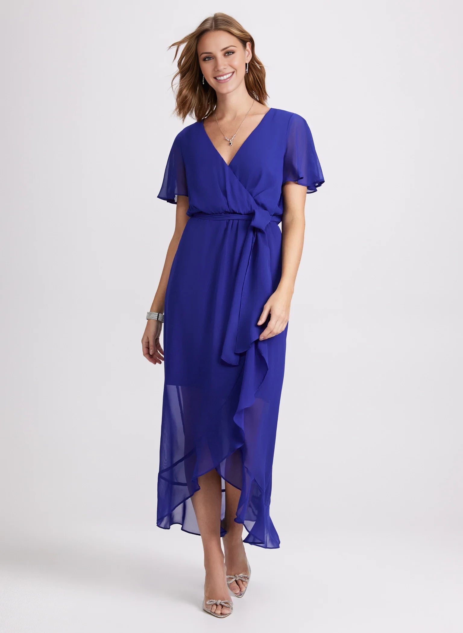 V-neck short sleeved chiffon pleated detail with side slit and floor length Prom dress